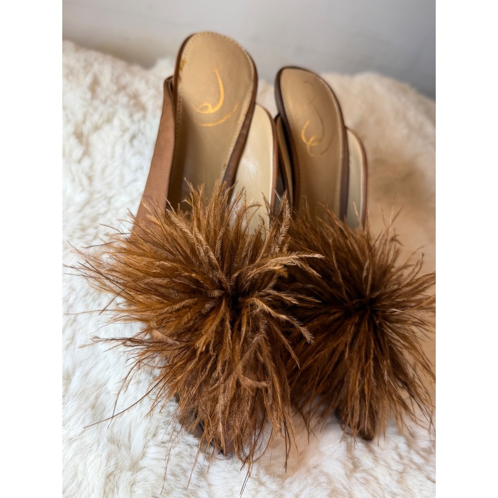 Sam Edelman Espresso Brown Feathered Satin Mules Pointed Toe Heels 6.5 Rare Glam